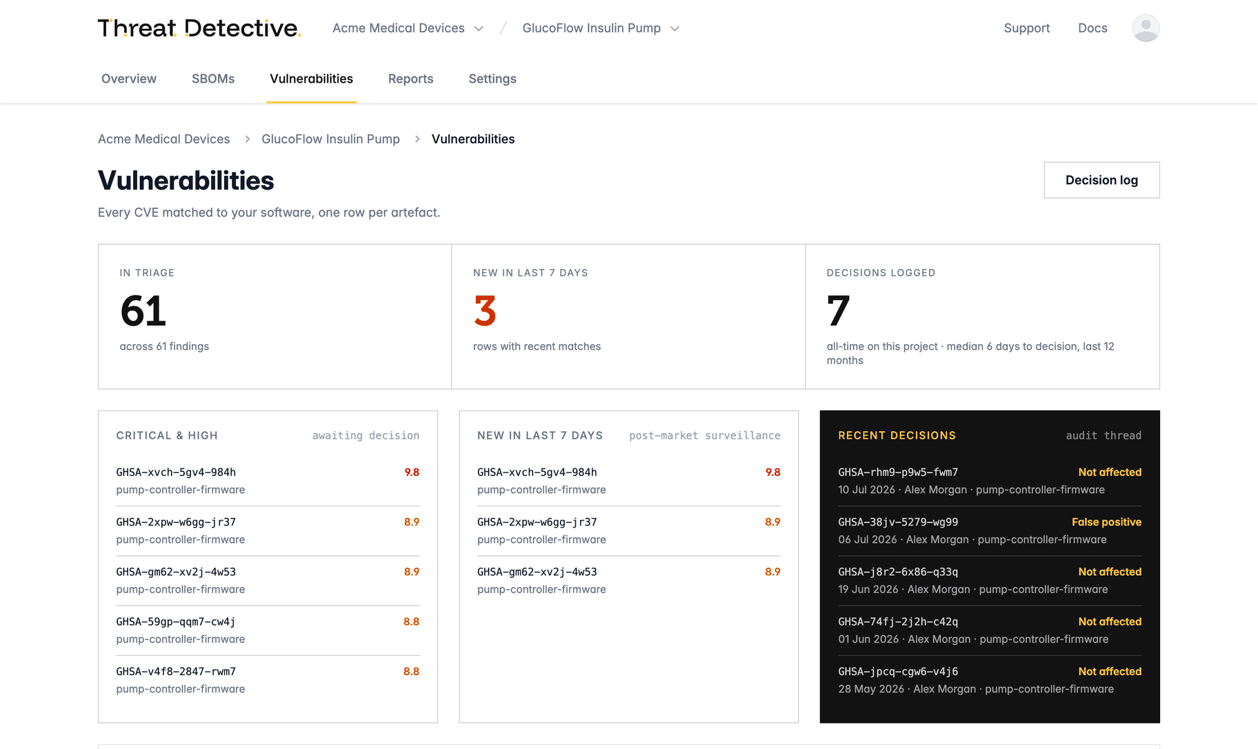 Threat Detective Vulnerabilities view: summary tiles for findings in triage and new CVE matches in the last 7 days, alongside a log of recent triage decisions